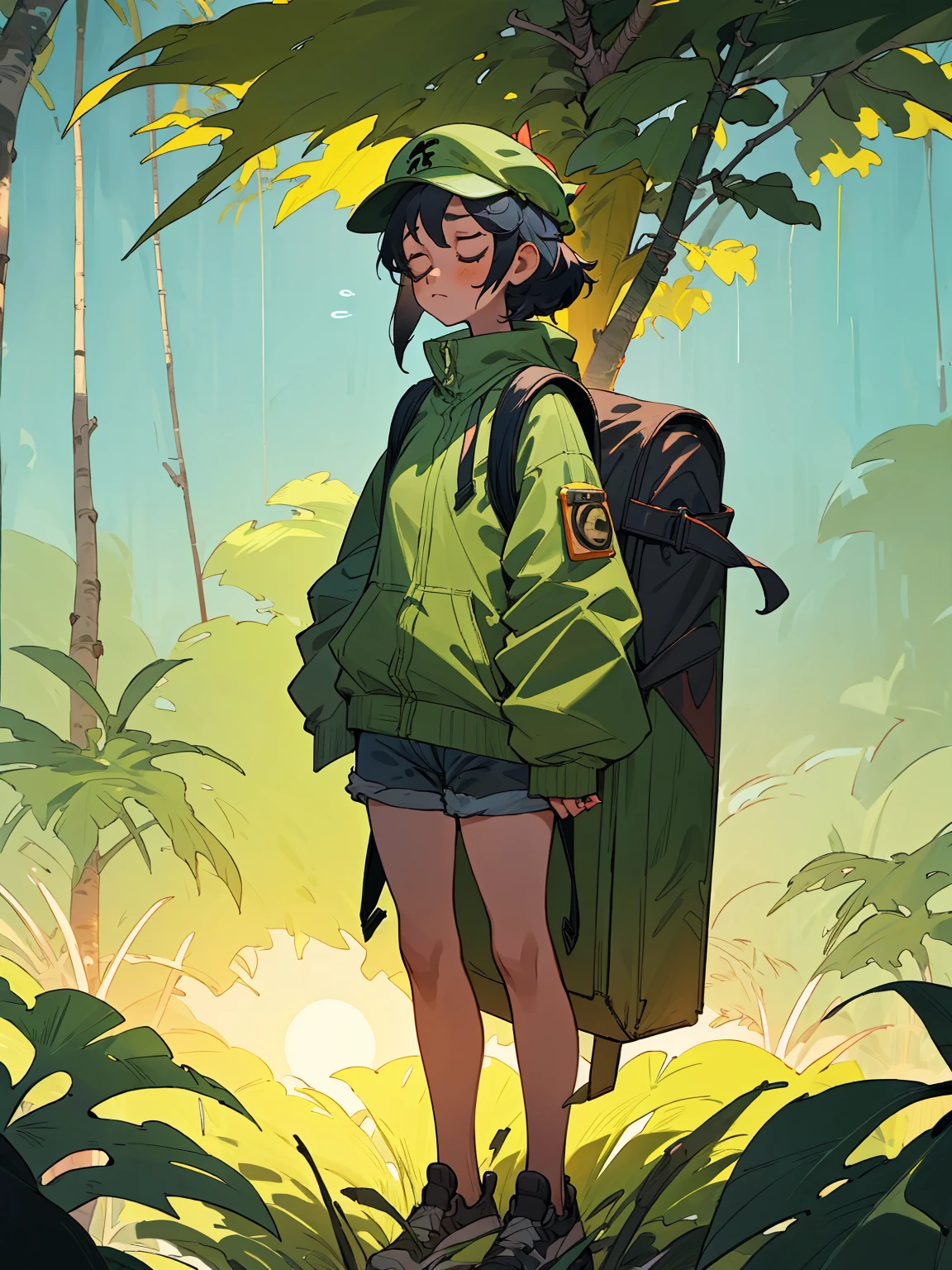 (best quality, masterpiece), 1girl, long sleeves, cap, shorts, jungle, backpack, sun, standing, cute, smile