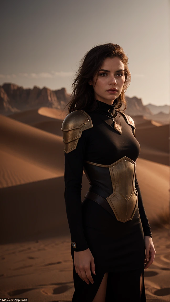 A highly detailed and realistic portrayal of Dehya from Genshin Impact, depicted in a live-action style. She stands in a desert environment with the golden sands reflecting the sunlight. Dehya is wearing her signature outfit, including a flowing, red-and-black tribal warrior attire, adorned with intricate golden ornaments and armor pieces. Her wild, voluminous hair cascades around her shoulders, glowing with a subtle auburn tint under the desert sun. Her fierce yet compassionate eyes, framed by thick eyeliner and war paint, reflect her warrior spirit. Her muscular yet feminine physique is emphasized, showing strength and elegance. The background showcases a vast desert with distant mountains, capturing the vastness of the landscape. The lighting is cinematic, with high contrast between the bright sunlight and the shadows, creating a dramatic effect. The overall mood is one of intense realism, with 8K resolution for ultra-realistic textures, cinematic lighting that highlights dramatic shadows, and subtle wind effects causing her hair and clothing to move. The rendering focuses on high-quality details of metal and fabric materials, ensuring perfect facial features that capture the essence of Dehya's personality