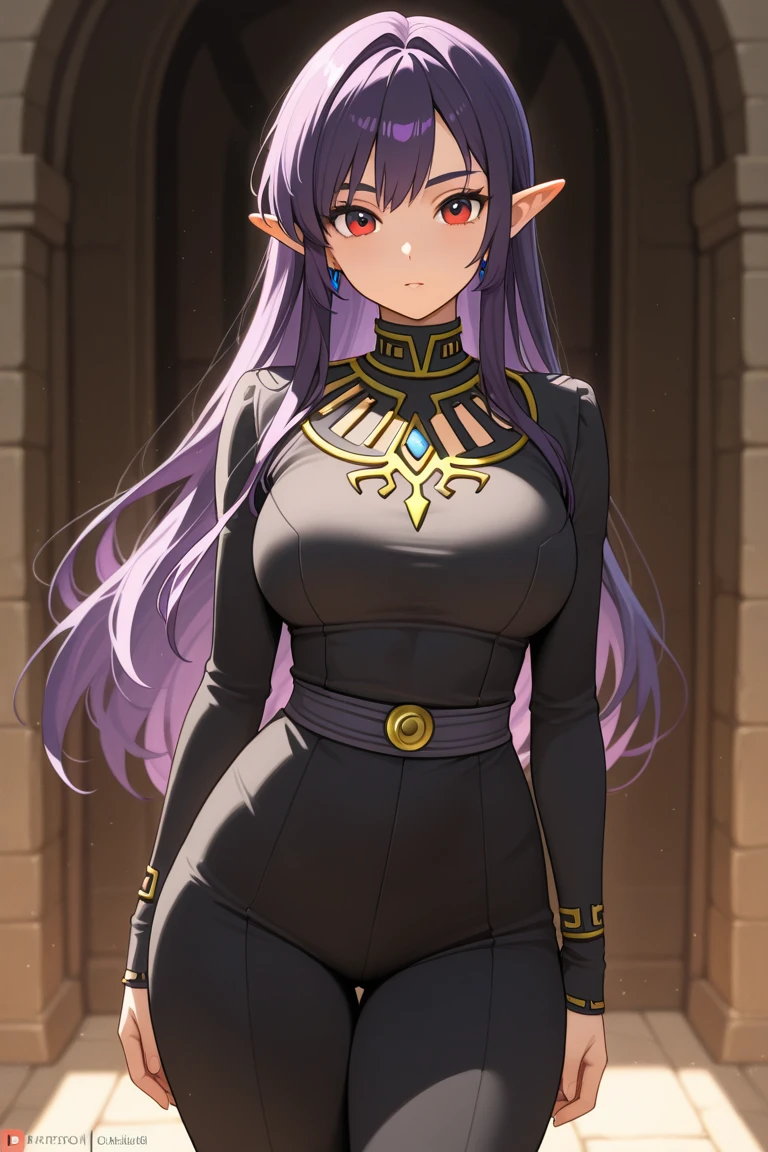 An adult tall woman, a war goddess, black hair with gray streaks, high ponytail, purple eyes, dragon horns and tail, divine light, muscular physique, light divine clothes, indifferent gaze