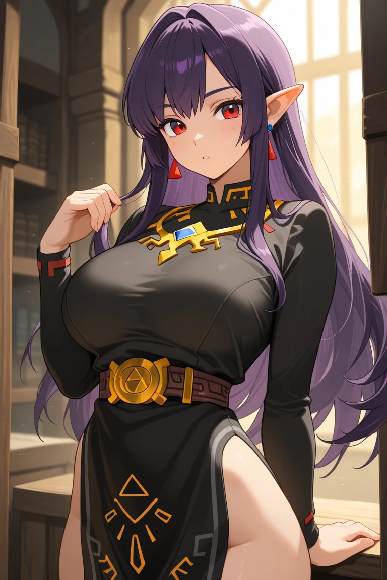 full body, of Princess Zelda as Shinobi, costume all black with gold stripes, she has large breasts, (short black hair), ((wearing Oni mask on her face)), cut scar over right eye, (green eyes), a katana attached to her waist, blood all over her clothes, she is in an ancient ninja Temple full of swords stuck in the ground, Anime, masterpiece, 16k, award winning, best quality, high details, UHD, masterpiece, anatomically correct