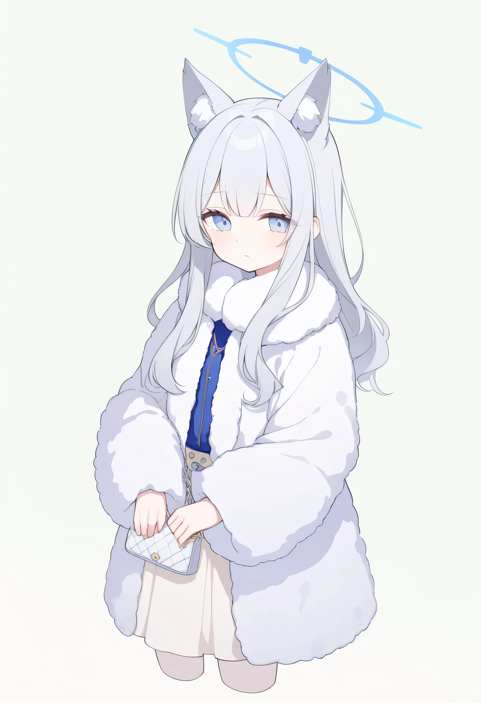 girl,Silver Long Hair, blue halo, gray wolf ears,white mink fur plush coat,sapphire,White small handbag,beige stockings,calm expression,Alone,front view,calm expression,Half Body, Pure green background