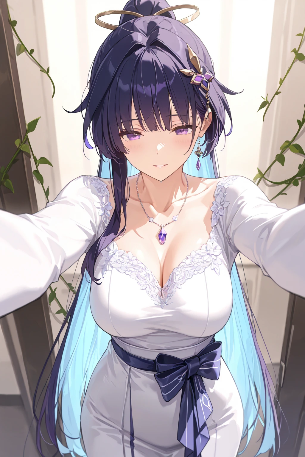 1girl, short midnight purple hair, wedding dress, happy tears, tears falling from face, ((wedding ring)), church bells, colorful flowers blooming, center position, masterpiece, best quality, high quality, smiling expression, pov from viewer, hand stretches out viewer with the ring shinning, Imagine a radiant woman standing tall in her elegant wedding dress, a gentle smile gracing her lips as she stretches out her hand. In her outstretched hand, she proudly displays the wedding ring, its sparkle catching the light. Her eyes shimmer with happiness and anticipation as she shares this moment of joy with her loved ones, embodying the promise of love and commitment that the ring symbolizes.