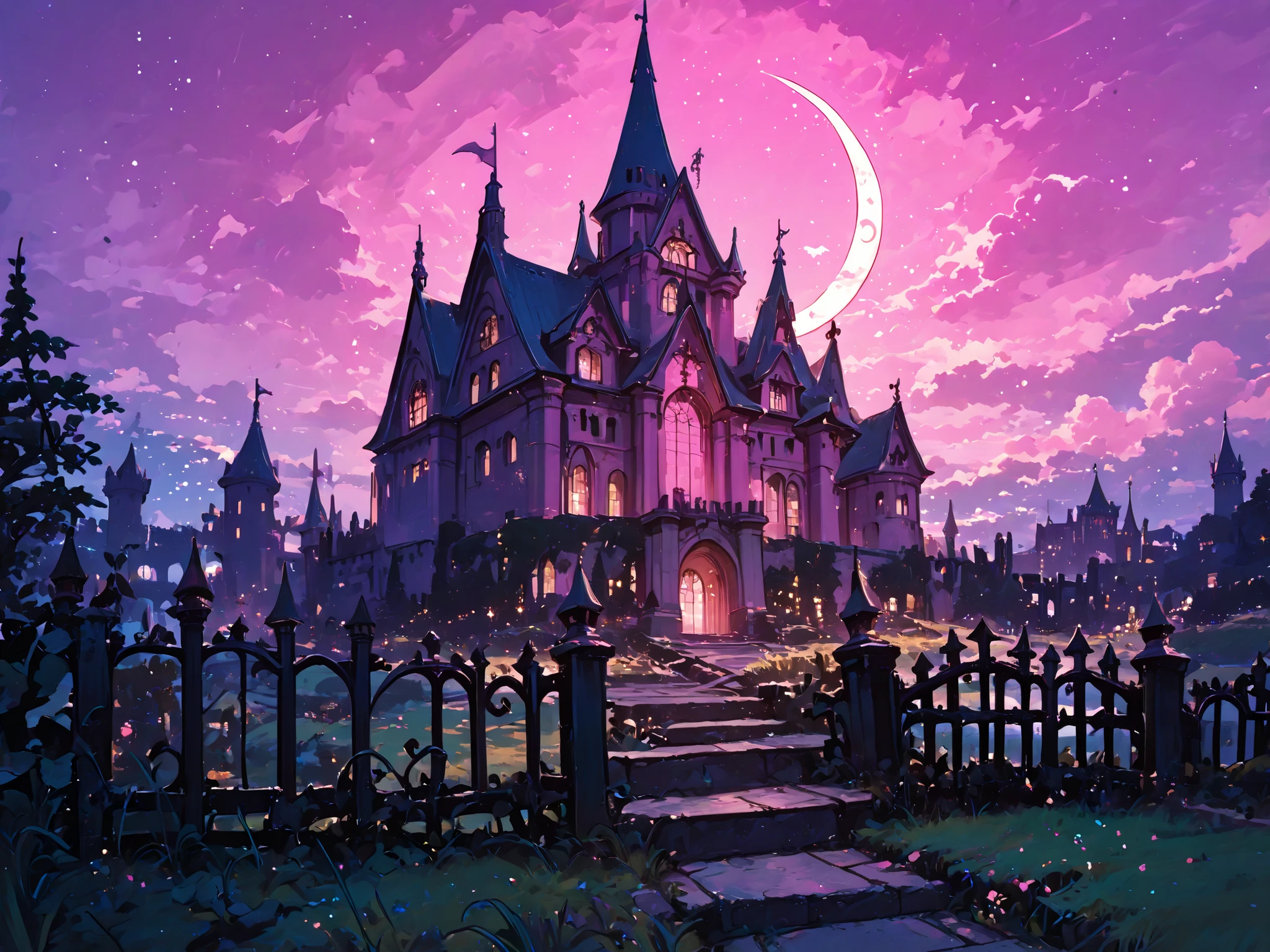 scene, illustration, no humans, detailed face, (((detailed eyes,))) masterpiece, best quality, cinematic lighting, highly detailed, details, ultra quality, HDR, 8k, lazypos, amazing composition, fairytale village on horizon, fairytale regency courtyard, grass, hedges, fence, fancy tables, fancy chairs, palace, castle, crescent moon, pink night sky, stars, clouds