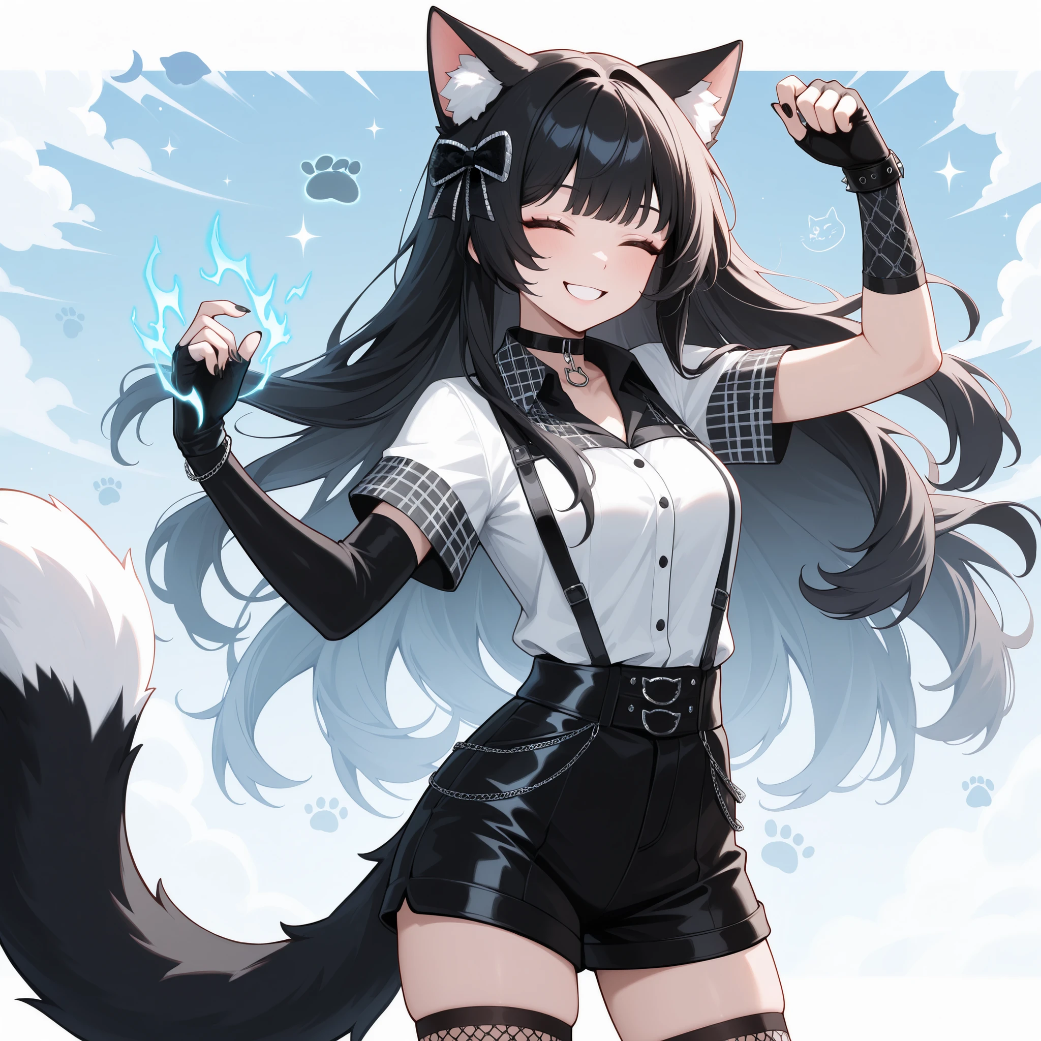 woman, cat ears, cat tail, black hair with white gradient, black goth white collared shirt with plaid black and white pattern, long black fingerless gloves, black shorts, cat themed long black socks, black nails, eyes closed and smiling, holding up hand with blue energy, hottie, sky background digital anime style