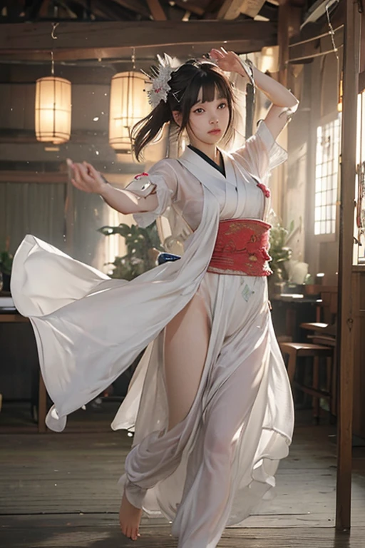 Japanese-style erotic fantasy、An incredibly beautiful 15-year-old girl with supernatural powers、(Reach orgasm every time you use your divine powers:1.6)、(A revealing kimono:1.3)、(Cleansing Staff)、(Realistic battle scenes:1.6)、(Endless battle with ghost effects)、Dynamic pose、Visualize the aura emanating from your entire body、 Dynamic Angle