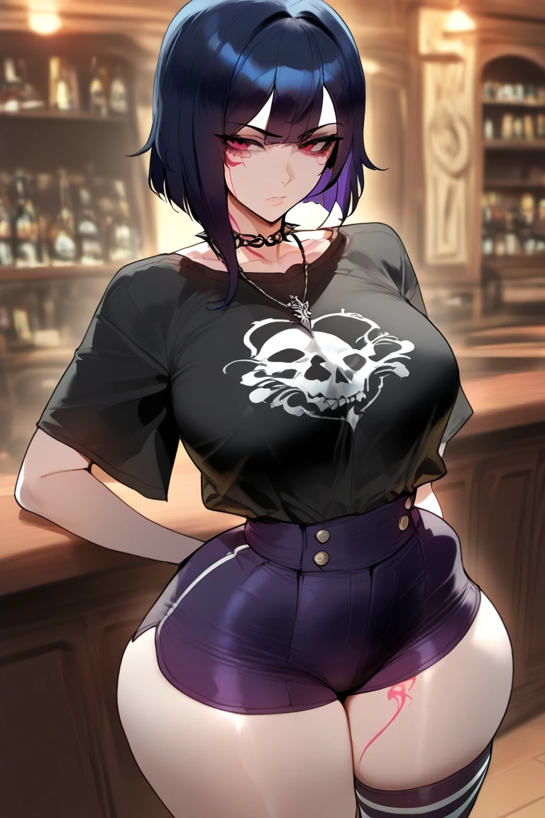 src_Japanese cartoons, score_clearly, Fraction_9, Fraction_8_Direction_7_up, Black_hair, Gothic, Gothicic, short_hair, Looking at the audience, crop top, skirt, High Leg Raise, Black clotges, Gothic girl, It&#39;s here, Purple Eyes, Huge Breasts, indoors, Black hair