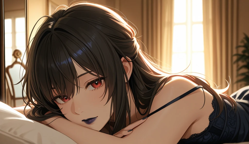 masterpiece, best quality, detailed eyes, vivid color, detailed skin, 1girl,
ornate bedroom, bed, lying on bed, ((((((dark room)))))),