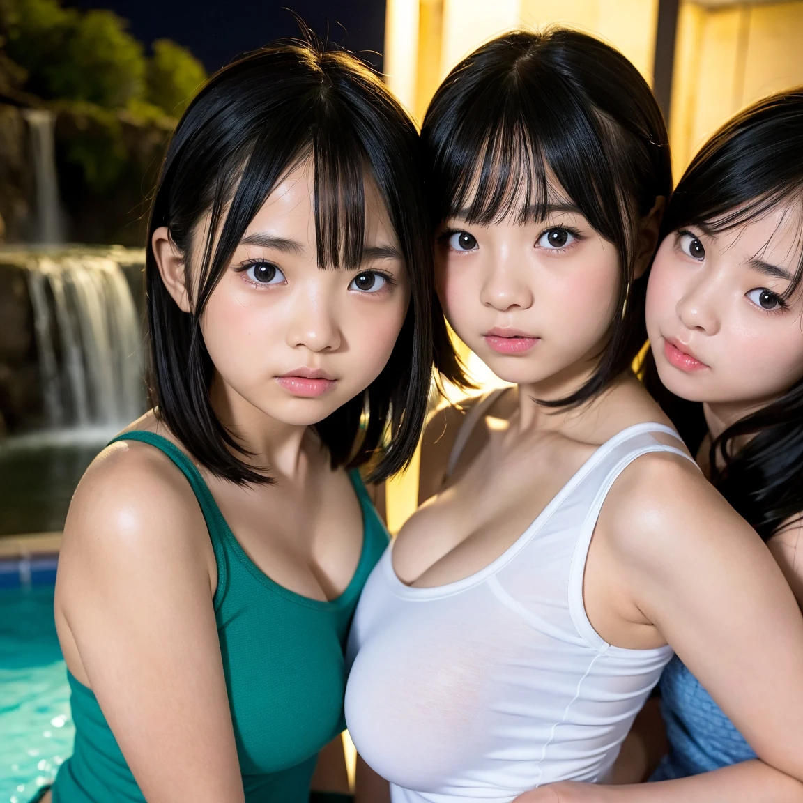 pieces fly, highest quality, ((highest quality、8K、masterpiece:1.3))、ultra high resolution、Physically based rendering、(realistic：1.37)、完璧な体の美しいtwo women:1.4、slim abdomen:1.2、Highly detailed face and skin texture、 red cheeks、white skin、thin waist,thin legs、highest quality,Super detailed,masterpiece,very beautiful 12 year old girl, (cute:1.2),perfect shiny skin,perfect skin,((Accurate hand without discomfort)), big smile, (brown hair),(short bob hair),(((upper body nude)))、(((full nude)))、((I can see your ))、(((pleated skirt)))、((spa))、(((Cheb is visible)))、necklace、(((two women)))、(((Two girls who are good friends)))、(((A woman touches her breasts from behind)))