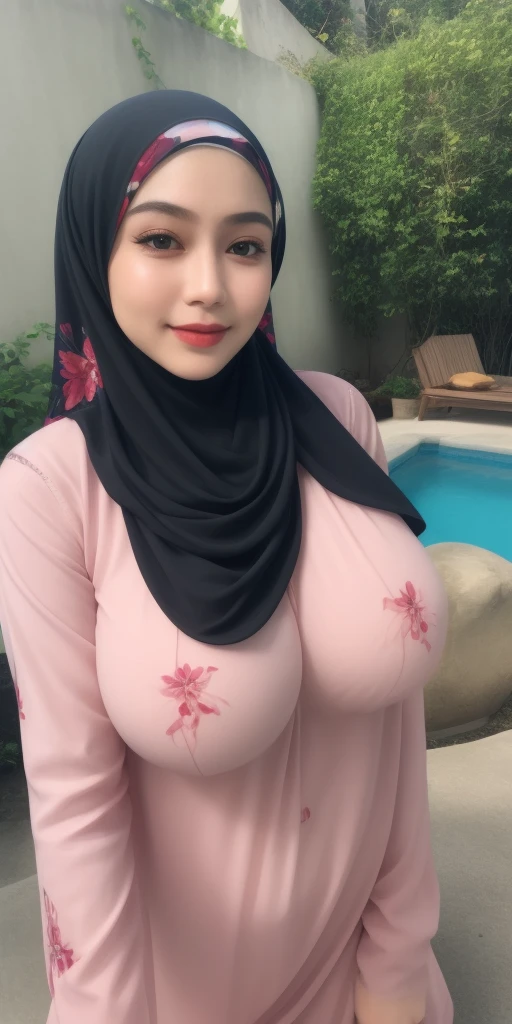 adorable, 1 girl, (face to face), 10 years old, baby face, happy, half body portrait, (face details: 1), (eye details: 1), ((big breasts)). wearing transparent green long shirt, hijab, .. Cute posed. proportional body. Ultra High Res. realistic: 1.4, UHD, (floral pattern)