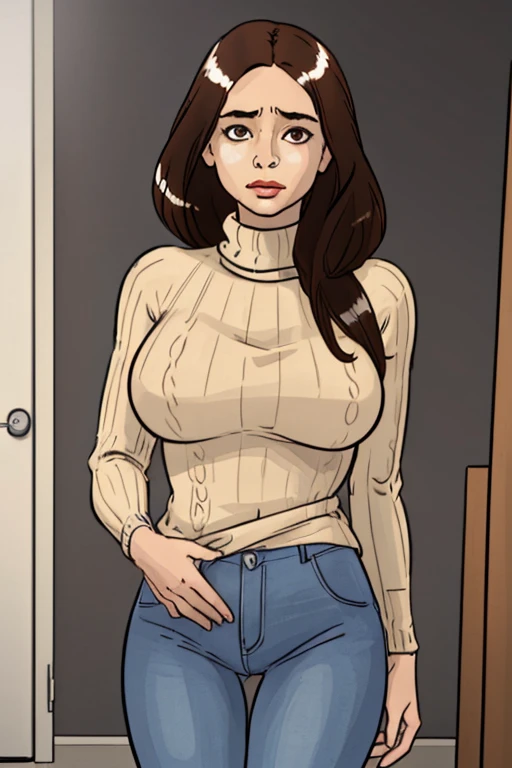 (GeGe:1.9), (woman), (brunette), (brown eyes), (freckles:1.4), score_9, score_8_up, score_7_up, score_6_up, 8k, very detailed, high detailed texture, depth of field:1.3), volumetric lighting, photo, realistic, photorealistic, , 1girl, thong, virgin killer sweater, sideboob, wavy hair, drop coffee mug, splash coffee, spill coffee, surprised expression, 1boy, gigantic penis, at door, angle from below, angle from penis, veiny dick, spilled coffee, pov, brown hair, visible nipple, guy on bed, girl standing, large breasts, pubic hair, no panties, cum dripping from penis