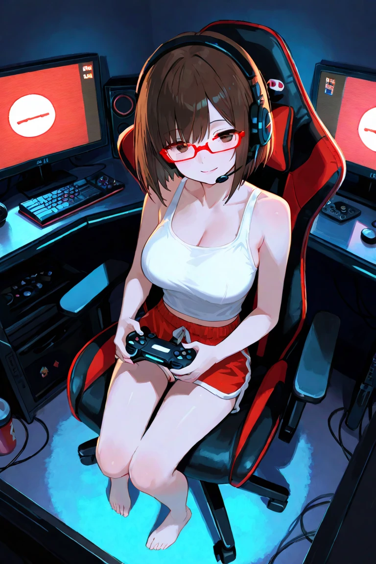One Woman、beautiful girl、Sit on a chair、Big glasses、Dark Room、computer、Sit in a gaming chair、High-end headphones、Grip the game controller、computerに向き合う、beautiful girl, Highest quality, Stripes模様のブラジャー、Game Geek、Thick thighs、Big 、Big Ass、Black Hair、long hair、Bangs、Sweaty body、I&#39;m sweating all over、Excited、Stripes々Panties、Play online games、片足を組みながらSit on a chair