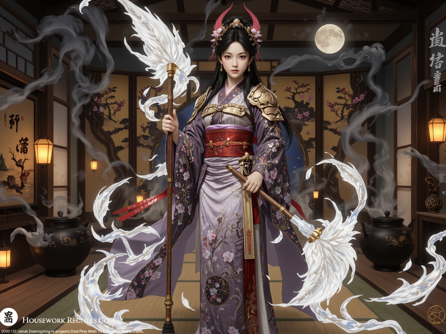 "In ancient Japan, under a blood-orange sky, the legendary 'Housework Queen' walks the tatami floors of her humble home-temple with the grace of a battle-hardened onna-bugeisha. Her kimono is patterned with plum blossoms and soap bubbles; her obi tightens like armor. In her hands she wields a long-handled mop, forged from bamboo and silk threads, blessed by shrine spirits to cleanse both dirt and misfortune. The kitchen is her dojo—pots steaming like mountain springs, knives moving with the precision of a master swordswoman. She tames demonic hunger with recipes passed down by priestesses and fends off shadowy filth-yokai that haunt the corners of forgotten rooms. Wisps of incense and soy broth curl through the air like protective sigils. Her presence is serene, her discipline absolute. Behind her, a paper sliding door opens to a moonlit garden—order reigns where once chaos dared dwell."