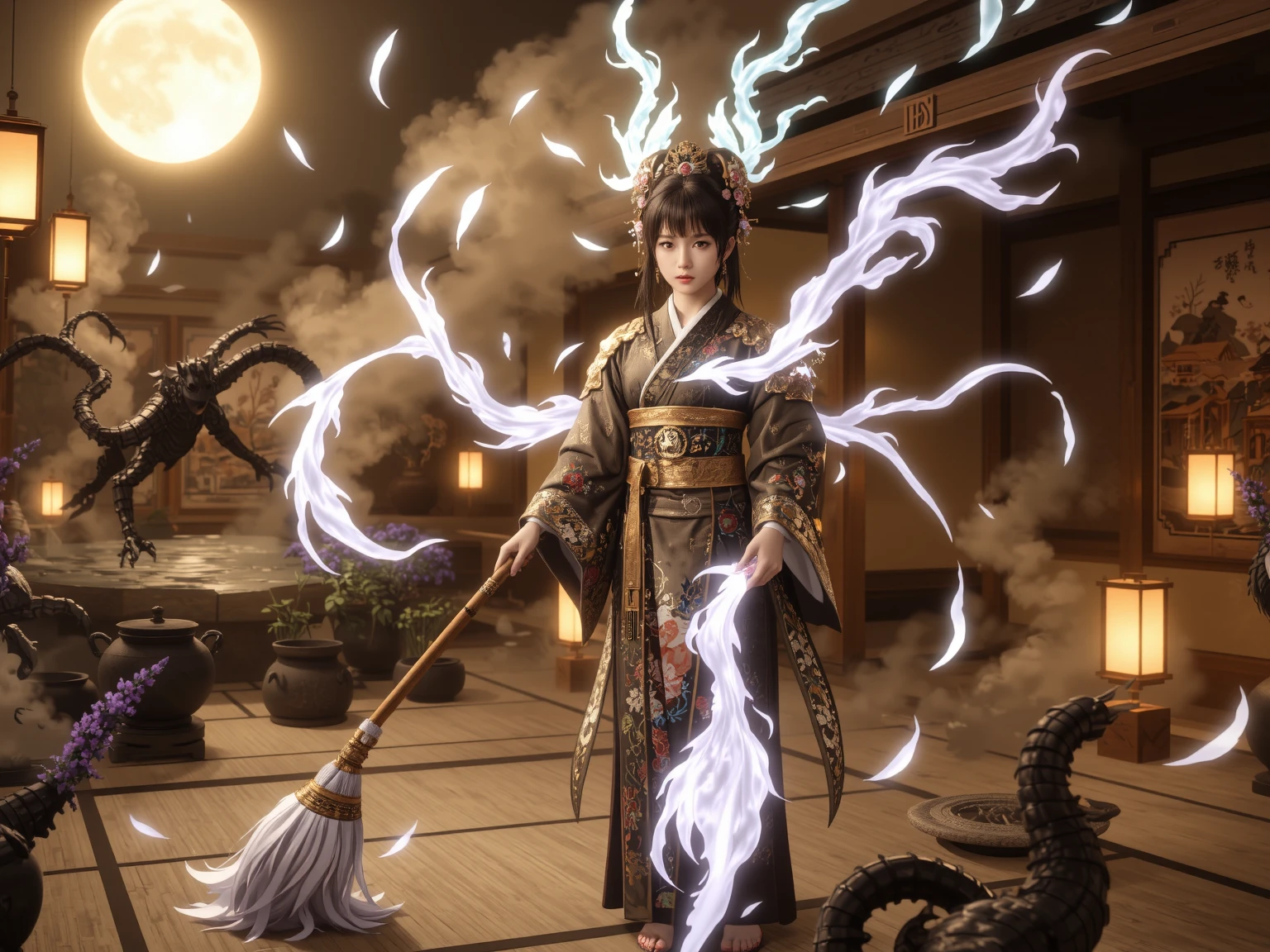 "In ancient Japan, under a blood-orange sky, the legendary 'Housework Queen' walks the tatami floors of her humble home-temple with the grace of a battle-hardened onna-bugeisha. Her kimono is patterned with plum blossoms and soap bubbles; her obi tightens like armor. In her hands she wields a long-handled mop, forged from bamboo and silk threads, blessed by shrine spirits to cleanse both dirt and misfortune. The kitchen is her dojo—pots steaming like mountain springs, knives moving with the precision of a master swordswoman. She tames demonic hunger with recipes passed down by priestesses and fends off shadowy filth-yokai that haunt the corners of forgotten rooms. Wisps of incense and soy broth curl through the air like protective sigils. Her presence is serene, her discipline absolute. Behind her, a paper sliding door opens to a moonlit garden—order reigns where once chaos dared dwell."