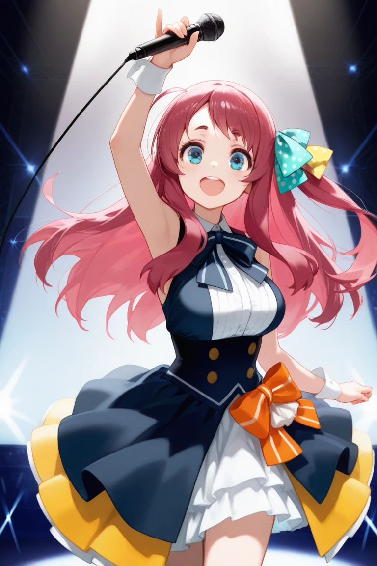 (Low - Angle), (masterpiece, Highest quality, High resolution), score_9, score_8_superior, score_7_superior, score_6_superior, sauce_anime, One person, Honoka Kousaka, We are in the present, lovelive!, score_9, score_8_superior, score_7_superior, score_6_superior, sauce_anime, blue eyes, Orange Hair, Medium chest, Side Ponytail, Medium Hair, Idol, Dancing energetically,Hands outstretched, Outdoor, μsIdolドレス, loveliveのIdolドレス, Bright Stage, Illumination from below, 赤いスーツのIdolコスチューム, White panties, Frilled Panties, Panty shot, alone, A big flip-up dress, Pleated skirt, smile