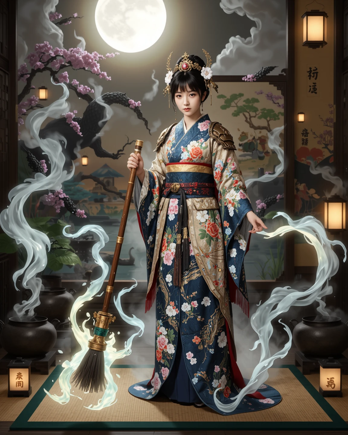 "In ancient Japan, under a blood-orange sky, the legendary 'Housework Queen' walks the tatami floors of her humble home-temple with the grace of a battle-hardened onna-bugeisha. Her kimono is patterned with plum blossoms and soap bubbles; her obi tightens like armor. In her hands she wields a long-handled mop, forged from bamboo and silk threads, blessed by shrine spirits to cleanse both dirt and misfortune. The kitchen is her dojo—pots steaming like mountain springs, knives moving with the precision of a master swordswoman. She tames demonic hunger with recipes passed down by priestesses and fends off shadowy filth-yokai that haunt the corners of forgotten rooms. Wisps of incense and soy broth curl through the air like protective sigils. Her presence is serene, her discipline absolute. Behind her, a paper sliding door opens to a moonlit garden—order reigns where once chaos dared dwell."
