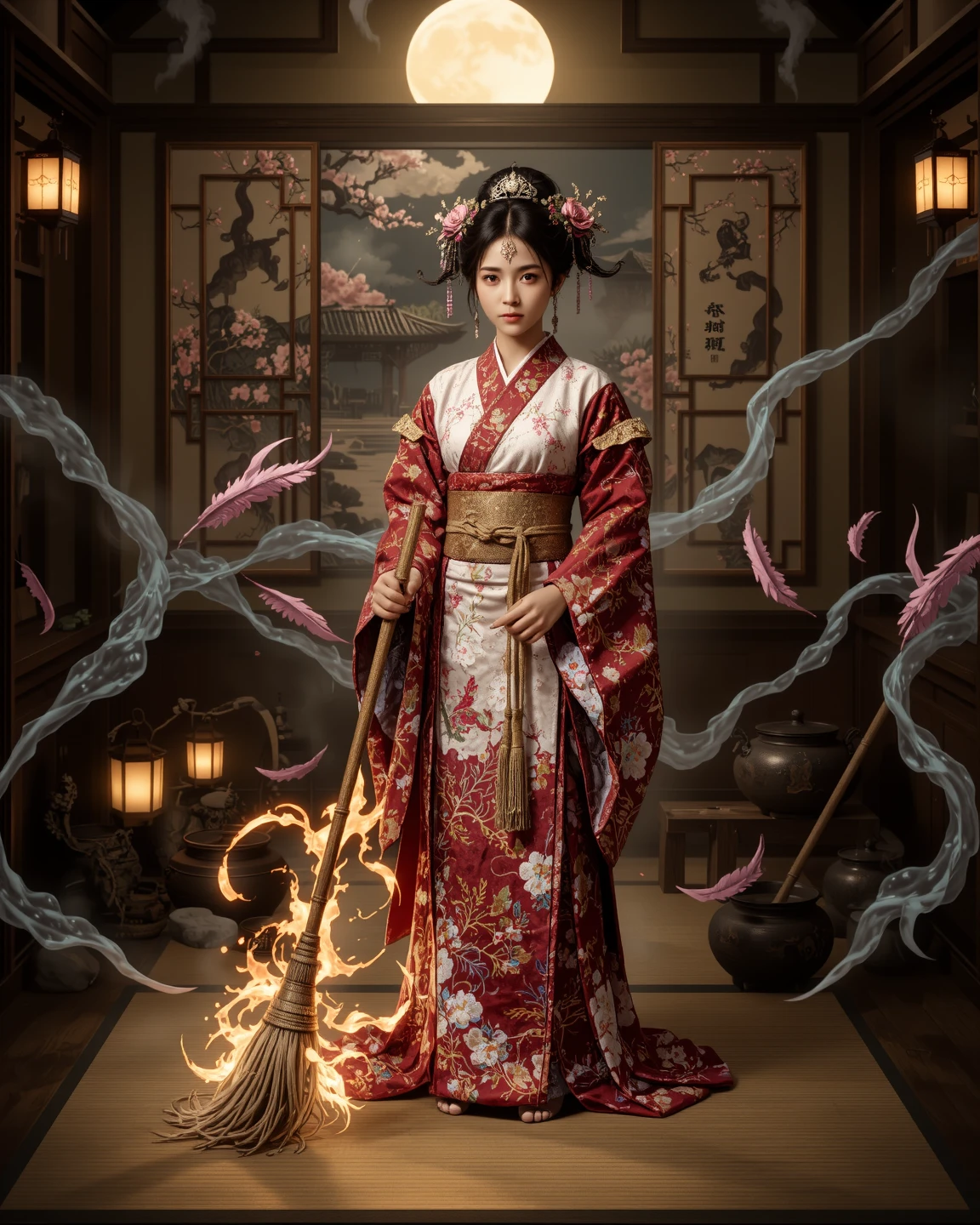 "In ancient Japan, under a blood-orange sky, the legendary 'Housework Queen' walks the tatami floors of her humble home-temple with the grace of a battle-hardened onna-bugeisha. Her kimono is patterned with plum blossoms and soap bubbles; her obi tightens like armor. In her hands she wields a long-handled mop, forged from bamboo and silk threads, blessed by shrine spirits to cleanse both dirt and misfortune. The kitchen is her dojo—pots steaming like mountain springs, knives moving with the precision of a master swordswoman. She tames demonic hunger with recipes passed down by priestesses and fends off shadowy filth-yokai that haunt the corners of forgotten rooms. Wisps of incense and soy broth curl through the air like protective sigils. Her presence is serene, her discipline absolute. Behind her, a paper sliding door opens to a moonlit garden—order reigns where once chaos dared dwell."