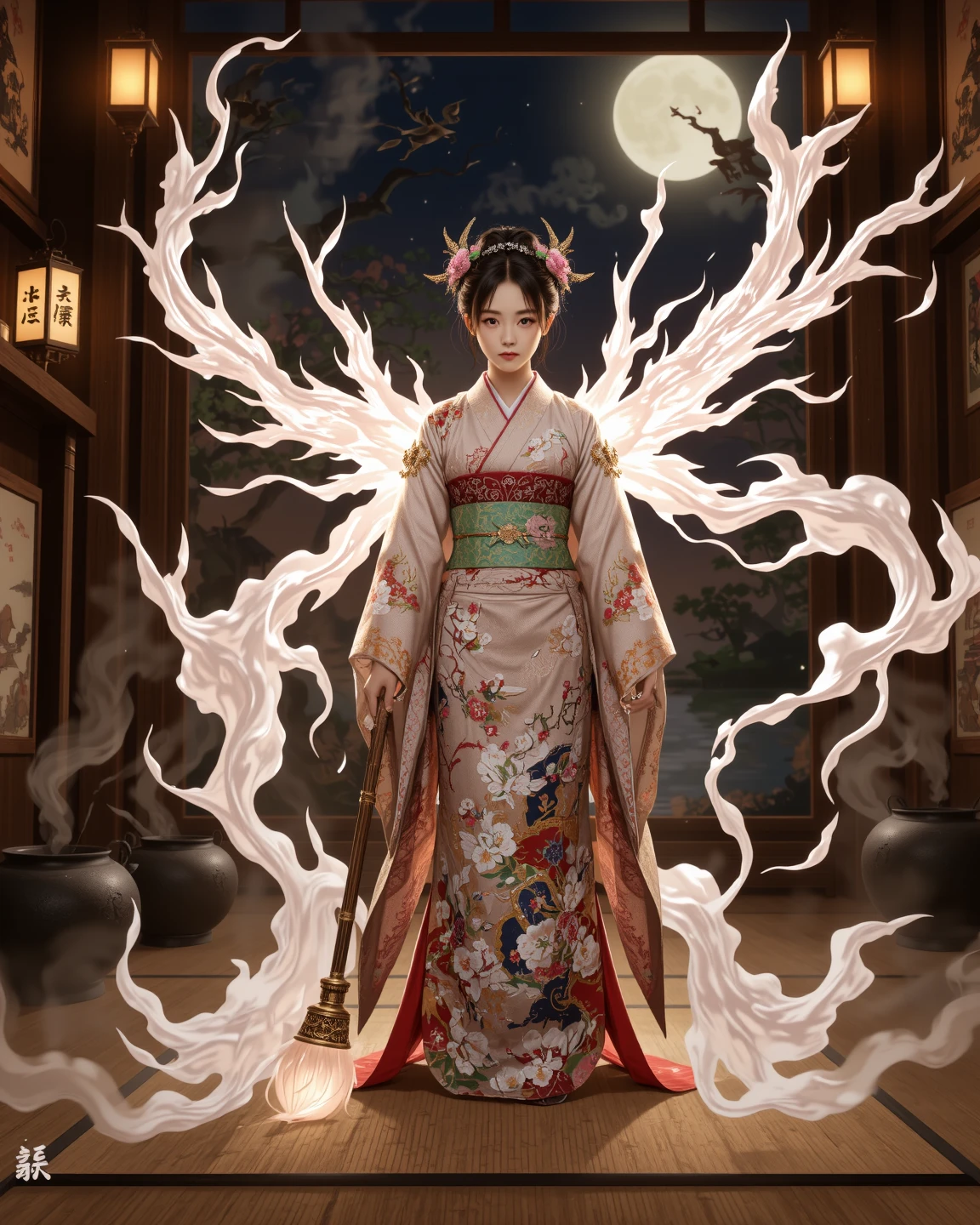"In ancient Japan, under a blood-orange sky, the legendary 'Housework Queen' walks the tatami floors of her humble home-temple with the grace of a battle-hardened onna-bugeisha. Her kimono is patterned with plum blossoms and soap bubbles; her obi tightens like armor. In her hands she wields a long-handled mop, forged from bamboo and silk threads, blessed by shrine spirits to cleanse both dirt and misfortune. The kitchen is her dojo—pots steaming like mountain springs, knives moving with the precision of a master swordswoman. She tames demonic hunger with recipes passed down by priestesses and fends off shadowy filth-yokai that haunt the corners of forgotten rooms. Wisps of incense and soy broth curl through the air like protective sigils. Her presence is serene, her discipline absolute. Behind her, a paper sliding door opens to a moonlit garden—order reigns where once chaos dared dwell."