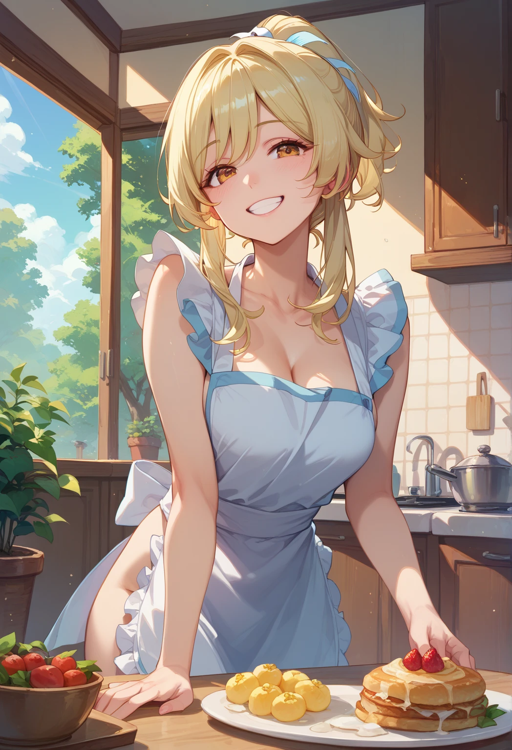 Jabstyle, mordred 18, home kitchen, loving expression, flowers in hair, summer dress, early morning, shadows, romantic, sparkles, alluring, lewd, deep cleavage, boob sag