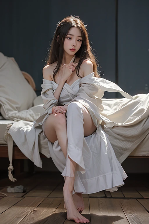 Psychedelic，Fine，dramatic，Ray tracing，postapocalyptic，Full body photo，(atractive Face，Peerless beauty，s the perfect face，messy  hair，pale white face，Perfect female body，Light and thin Hanfu，Small breasts)，Sitting in the middle of an abandoned men's toilet，There is a men's standing urinal，Mess，Cigarette butts and littered toilet paper，Devastated，Broken doors and windows，Clutter piles up haphazardly，The ground is a mess，pee stain, Sweat, sewage, Splashes，The ground is dilapidated，Light and thin Hanfu，The  are slightly exposed，Cloudy white liquid covering，facing at camera，Exquisite and perfect facial features，the most beautiful big eyes，Long eyelashes，The eyes are sweet and there are lying silkworms，Willow leaf arched his eyebrows，There are tear tracks on the face，White and tender skin，Slender legs，Delicate and perfect human body structure，Barefoot，Spread your legs，Extreme picture quality，Highest accuracy