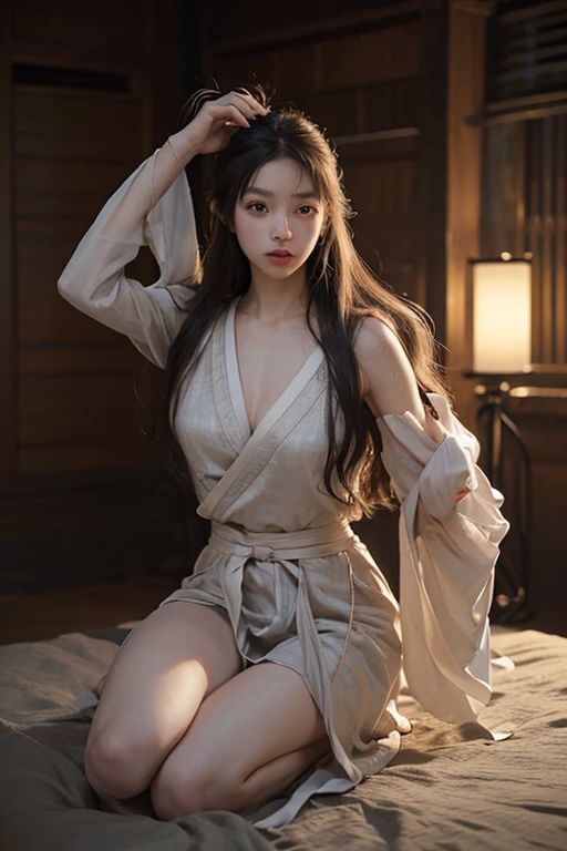 characters: (((19-year-old Korean woman))).
character behaviour: (((innocent but horny)), ((secretary)).
clothing: ((naked body)).
appearance: (long black hair), (brown eyes), ((hour-glass young body)), ((ripe breasts)), ((eyes half-lidded)).
location: opulent hotel bedroom.
when: ((at midnight)).
action: standing by bed, ((taking off her towel - revealing her naked body))