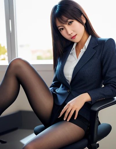 whole body, Highest quality, Realistic, Very detailed, finely, High resolution, 8k wallpaper, One beautiful woman,, Light brown messy hair, Wear a business suit, Sharp focus, Perfect dynamic composition, Beautiful and detailed, Thinning hair, Detailed Realistic skin texture, smile, Close-up portrait, Model body type,Cleavage、length, muscular, Beautiful feet、Beautiful legs、Super mini tight skirt、Thin black pantyhose、I can see the toes of her high heels、Perfect Style、Sit on a chair、View from below、Healthy Thighs、tight ankles、pantyhose、Japanese,Textured skin, White panties