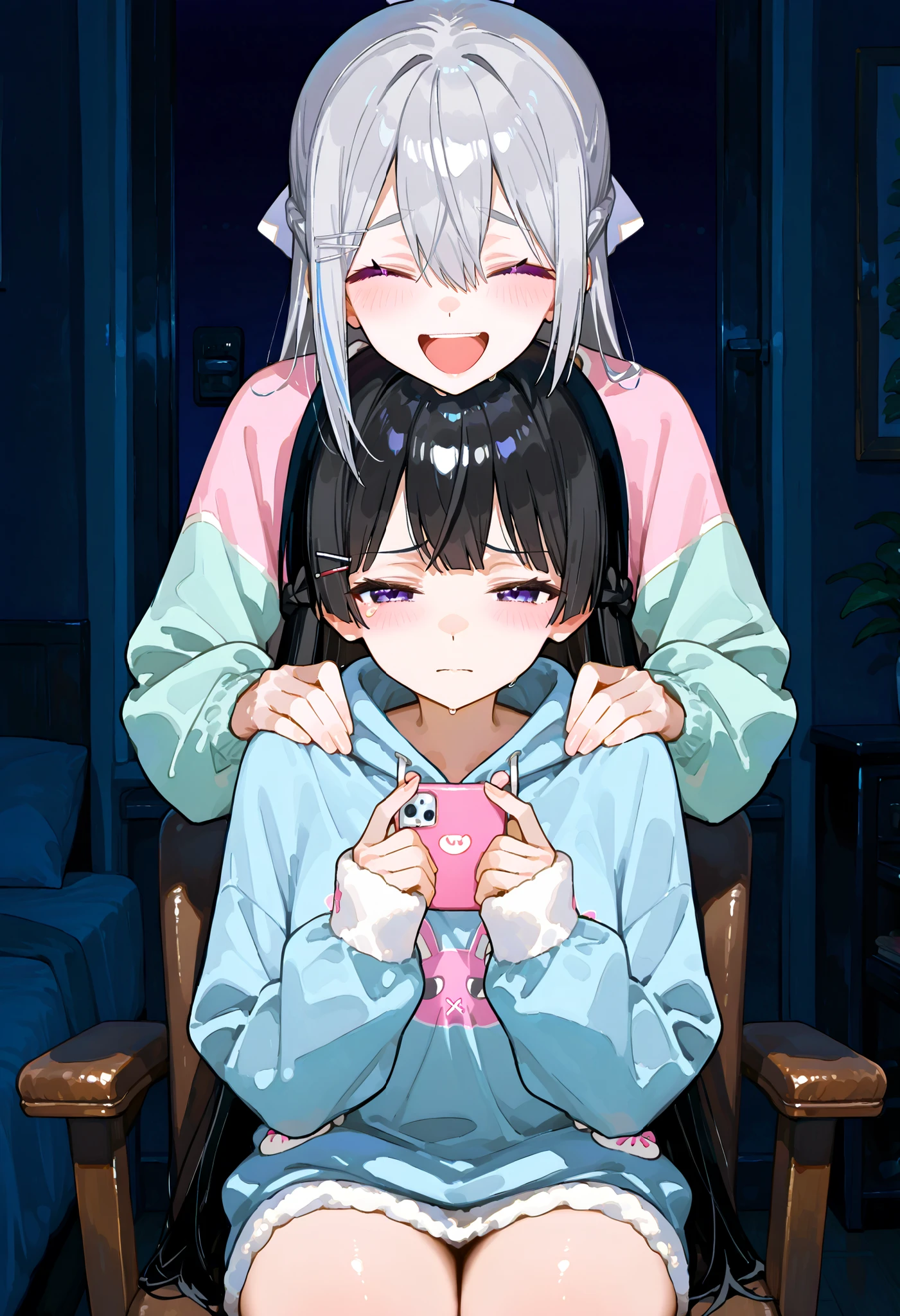 Tsukino Mito (Nijisanji)、dark room。line up。Encourage each loungewear。sad expression、for men sitting on a chair。Laughing Higuchi Kaede。2 girls、Stuffy Eyebrows、laughing next to me encourages me by holding my shoulders with my hands。