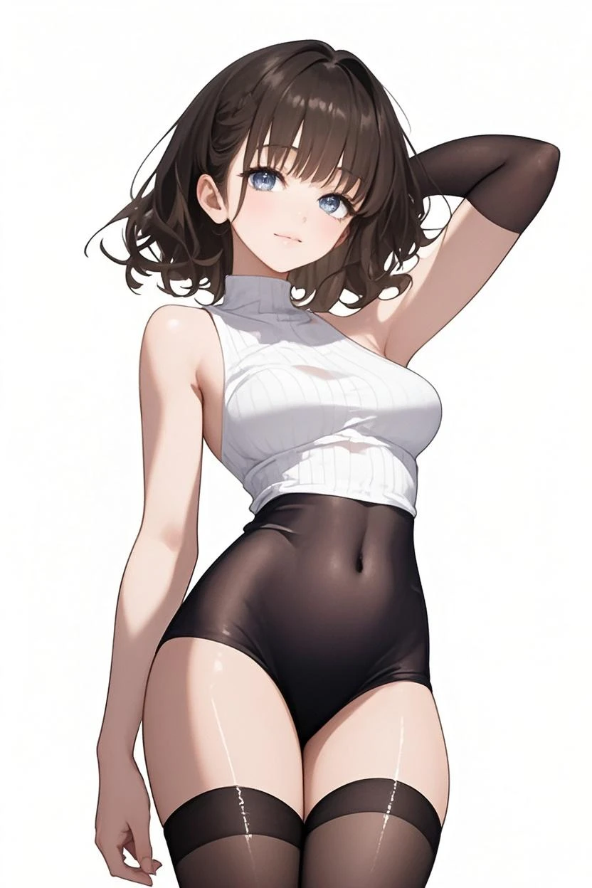 (((masterpiece, best quality, ultra highres, 1 girl, solo, no background))), super detailed skin and face and eyes and finger, beautiful japanese woman, small breasts:1.5, skinny, light brown hair, white background, very short pixie hair, cowboy shot, Generate with illustrations, Various expressions, Various poses, Please draw the entire character within the frame, ensuring that the head, arms, and legs are not cut off. The background should be simple, with the character positioned centrally, outline, anime, 2d, boyish, leotard, spread legs, expressionless,