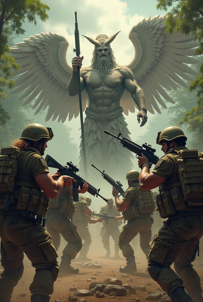 Make a picture of a man fighting god while facing God with an m4a1 weapon and a viewpoint from behind and a further perspective