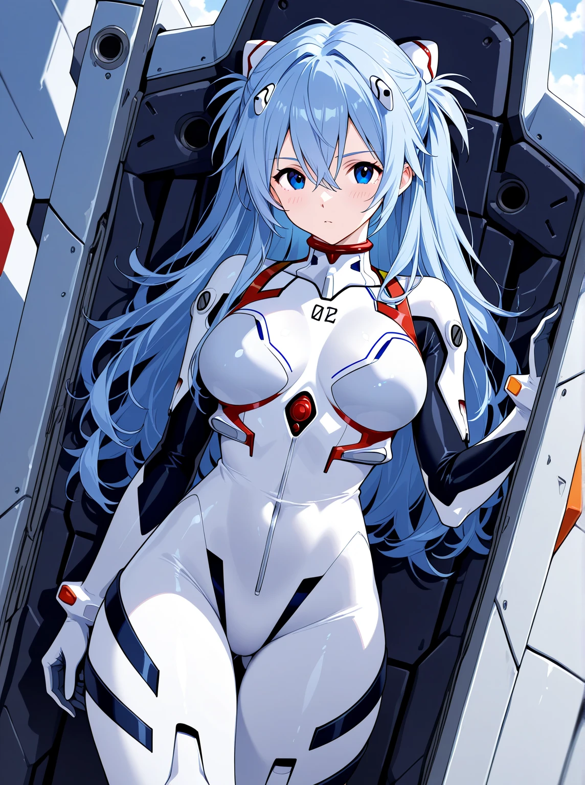 absurdres, best quality, 1girl, solo, looking at viewer, eye focus,  <lyco:GoodHands-beta2:1.0>,  <lora:rei_evangelion:0.5>, rei_evangelion, light blue hair, red eyes, long hair, absurdly long hair, kinky hair, curly hair, plugsuit, pilot suit, interface headset, white bodysuit, white pilot suit, white plugsuit, (messy hair:1), (expressionless:1)