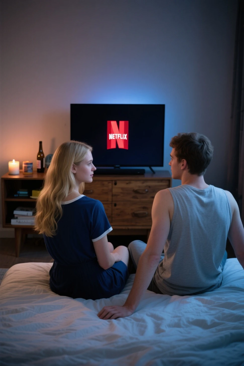A shocking image of an exhausted young man, wrinkled, perspiring, is in desperation seeking success, looking straight ahead, expression frustrated by seeking success and not achieving it, in the background a television with the Netflix logo, drinks around and a bed with a prostitute lying on it, symbolizing the distractions that prevent you from achieving success, realisitic,