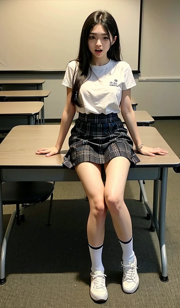 Photo of a beautiful Japanese 13 years old woman sitting on chair in class room,,after school,spread legs ,Lift up your skirt and show your panties,