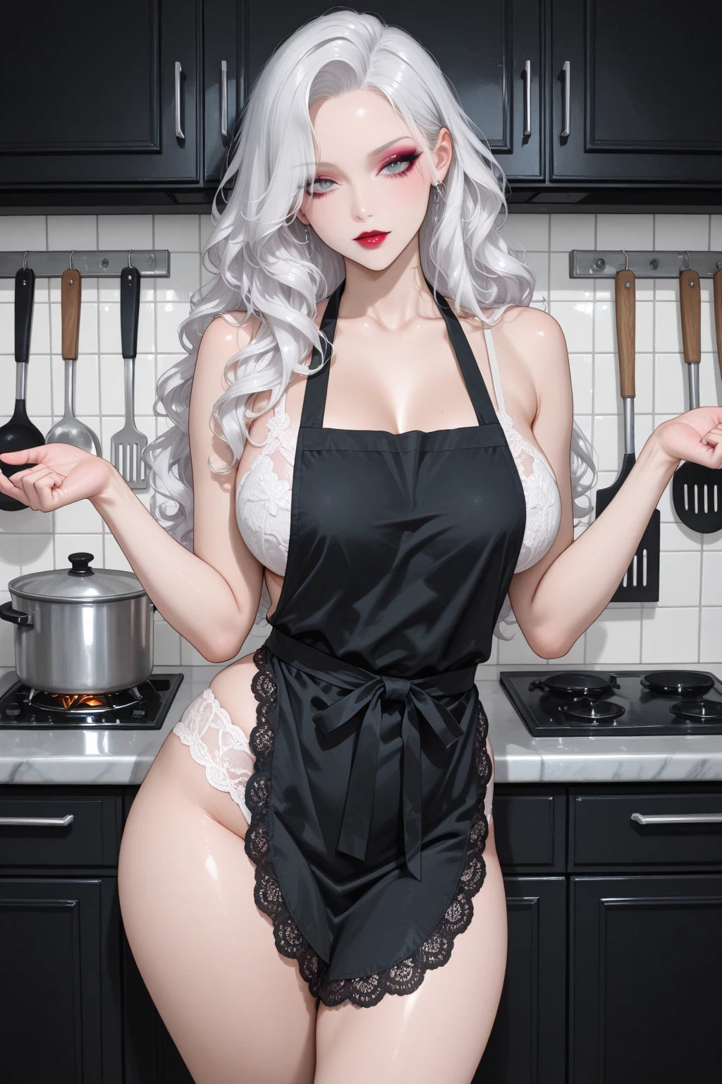 ((((masterpiece, best quality, high resolution)))), (1girl:1.5), ((short wavy hair, bob cut, white hair, red eyes, earrings, choker)), (large breasts:1.2), blush, light smile, parted lips, glow, thighs, bare shoulders, collarbone, narrow waist, (slender body figure), cleavage, (beautiful detailed face, beautiful detailed eyes), ((naked apron)), ((standing up)), looking at viewer, nighttime,