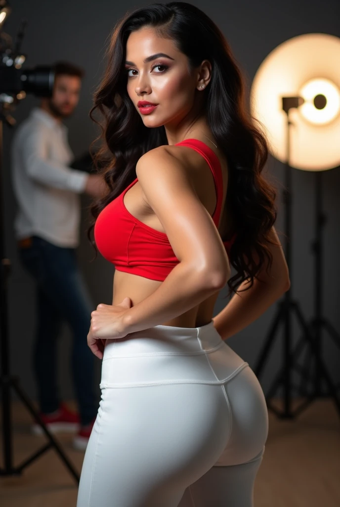 Masterpiece, best quality, close portrait of Mia Khalifa, sidedoggystyle, from behind, ass, hands up, view to the side, red bikini, white background, ((studio photography, studio quality, professional))