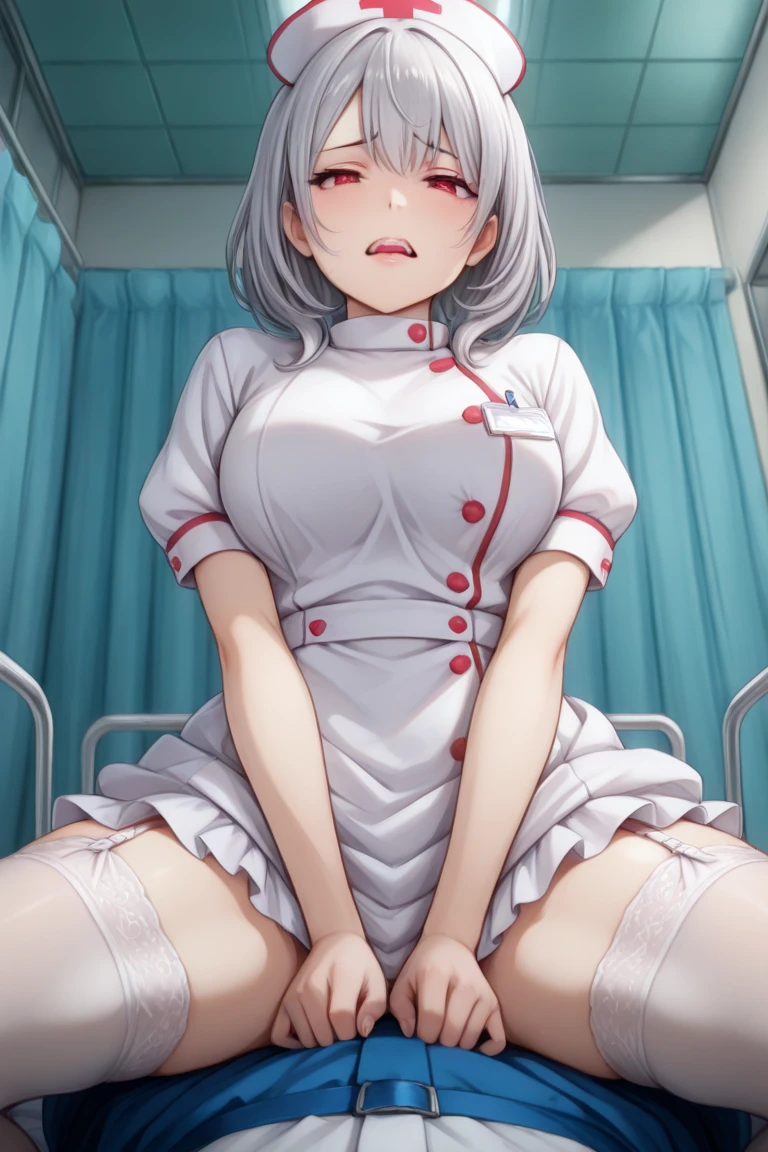 a woman in a nurse uniform sitting on a bed, seductive anime girl, Sitting in bed, sitting on a bed, Nurse, Sitting in bed dela, pin on anime, Full-body close-up, sitting in bedroom, sitting in her room, sitting on the edge of the bed, cute anime girl crouching, Sakimi-chan, beautiful seductress anime teen