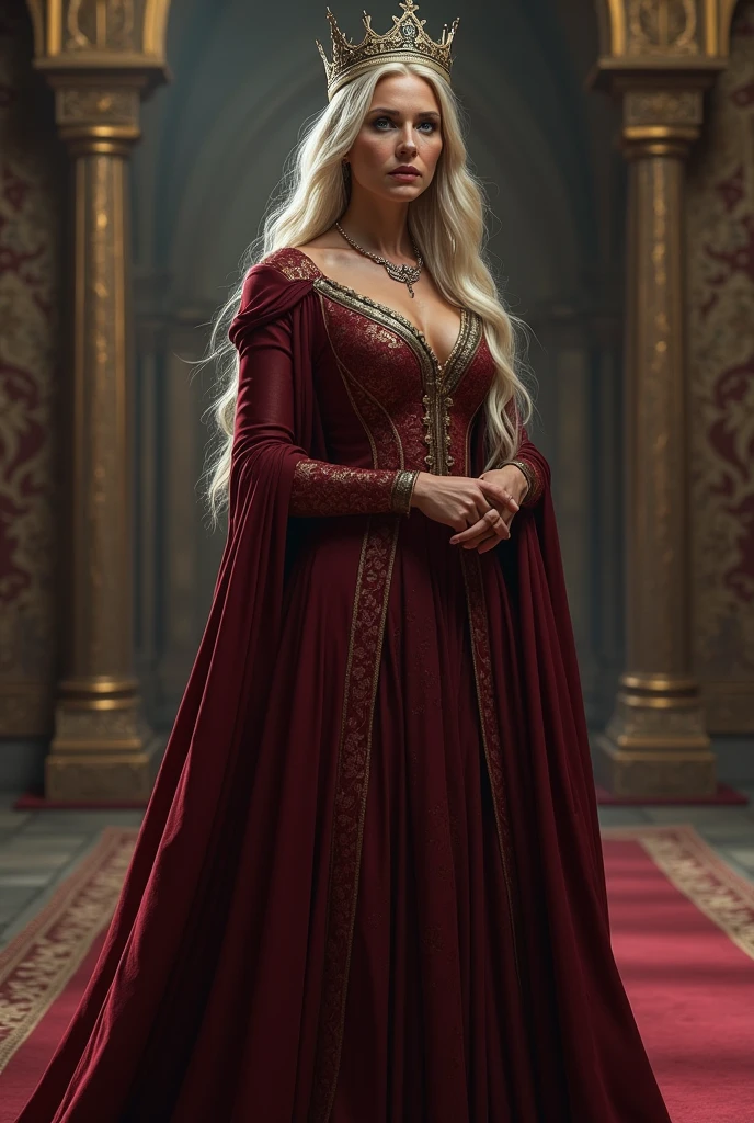 Princess Targaryen, waist-deep in the garden, looks like Daenerys|Natalie Portman, long white curly hair, pale red dress of the 16th century with gold patterns on the fabric, open shoulders, expressive breasts, wide hips, purple eyes, delicate face, hd