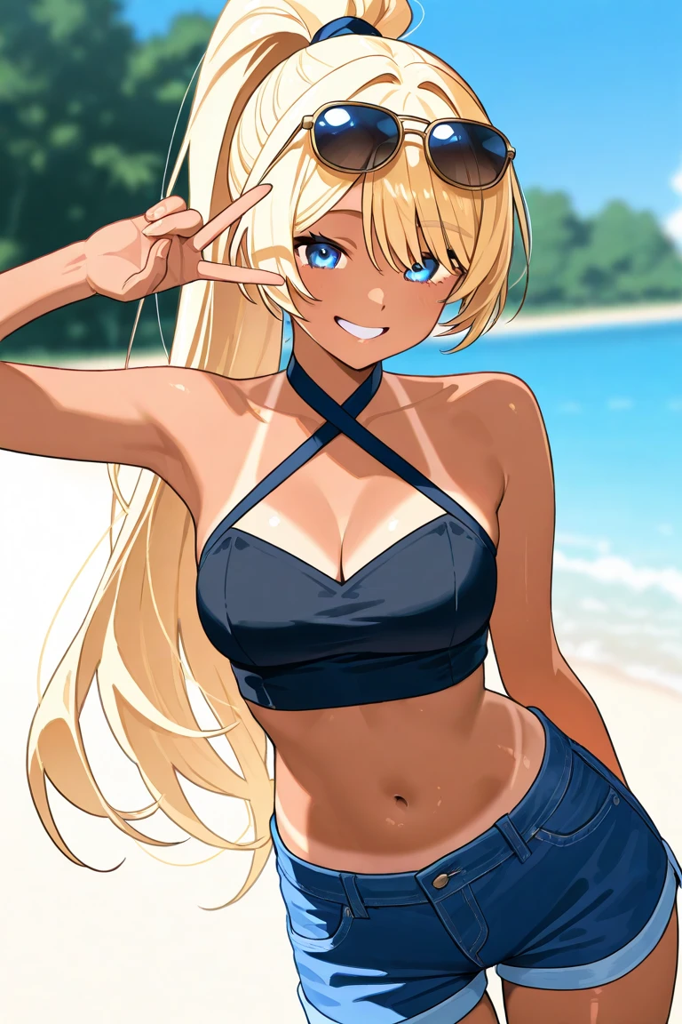 blonde, brown skin, looking at camera, beach, shy, shy, smiling, woman, dark elf, long-haired, (black bikini), denim, choker, blue eyes, detailed eyes, shorts, big breasts, thin waist, long bangs, ponytail, hands on hips, super delicate, armpits