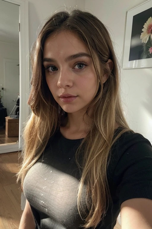 fille de 1m60 blonde avec un visage fin des yeux bleu un petit nez avec une veste noir et un décolleter rouge dans une chambre le soir 