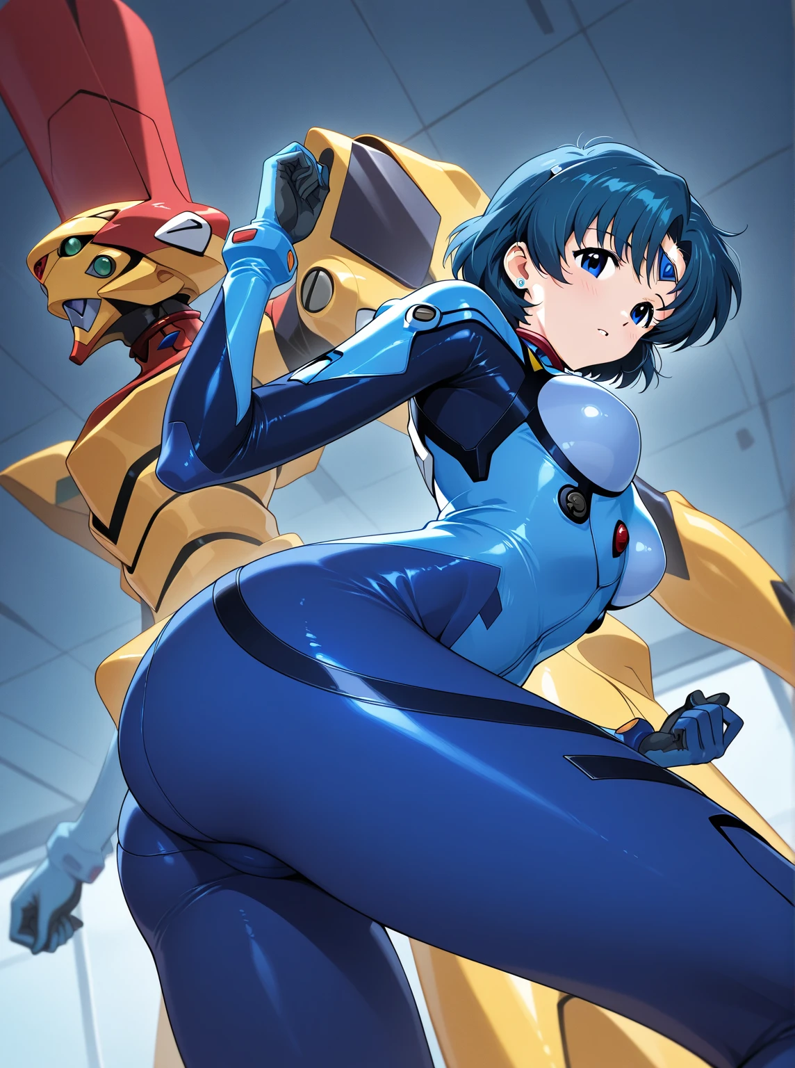 ultra-detailed, Explicit, Beautiful body, Beautiful Nose, Beautiful character design, perfect eyes, perfect face, ultra highres, 4K, beautiful legs, perfect legs, Nice hands, Perfect hand, Masterpiece, Best Quality, Highly detailed, illustration, absurdres, perfect anatomy, expressionless, blank eyes, emotionless,corruption, mind control, female combatant, full body, hypnotized, unhappy trance, full body suit, ribbed bodysuit, both arms at side, obey, perfect female body, looking at viewer, hypnosis, hypnoLora, empty eyes, Mind control device, poses, submissive_pose, Slave, Fighting Stance,numbersuit, two-tone bodysuit:0.9, blue bodysuit:0.9, light blue bodysuit:0.9, (((pixel-perfect, detail-perfect))) 1girl, solo, hair ornament, medium breast, ciel_(tsukihime), blue hair, blue eyes, short hair,