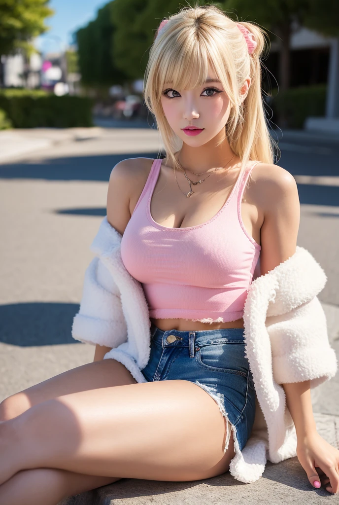 (masterpiece, top-quality:1.3), (Ultra detailed 8K cg:1.2), (hyper realisitic:1.35), (Photorealistic:1.45), (Realistic:1.4), a famous actress of Japan, Blonde ponytail Hair, (Tanned skin:1.4), (gal make:1.3), (gyaru), (Looking at Viewer), Very detailed face and skin texture, Dynamic lighting, (Hoodies), (Hood Up:1.2),(no bra),(breasts out), (nipples),booty shorts, (manhattan:1.3), Crouching, Spread legs, (Laugh:1.2), (hard rain:1.2),