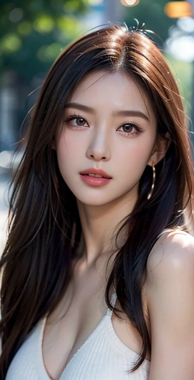 1 girl, Korean model, extremely beautiful, perfect body. Photo taken with Canon EOS R5 85mm f/11 Camera, sharp mode for capturing people and surrounding scenery. 8K photo quality, lifelike, masterpiece, sharpest and highest contrast, large depth of field, stereoscopic lighting. Her hair is pink, long and smooth, the wind blows it beautifully under the bright sunlight. Beautiful face, perfect and sexy, holy, perfectly proportioned, beautiful in every detail, ((shiny)), high-end cosmetic makeup. Bright smile, pure white teeth and details. Attractive glossy red lips, brilliant glossy red lipstick. The eyes are brown, glossy, seductive, ((sharp makeup)), realistic, ((wet eyes)) and detailed. Pink eyeshadow, long eyelashes, blush, high-end cosmetics. Two delicate eyelids, perfectly beautiful and detailed, black eyelashes. Eyebrows are curved, sparse, sharp and detailed. High and detailed nose. Cheeks are prominent and detailed. ((Bright white skin)), detailed pores, shiny skin, smooth skin. Long, shiny legs. Beautiful, perfect hands, ((no flaws)). The breasts are big and full, the nipples are prominent and detailed, the cleavage is deep and firm, tight under the bra. Buttocks are plump and fit into underwear. ((Light shines directly on the face)), bright sunlight, ((light shines on the front part of the girl's body)). Close-up portrait of a girl against a cold, snowy, winter background.
