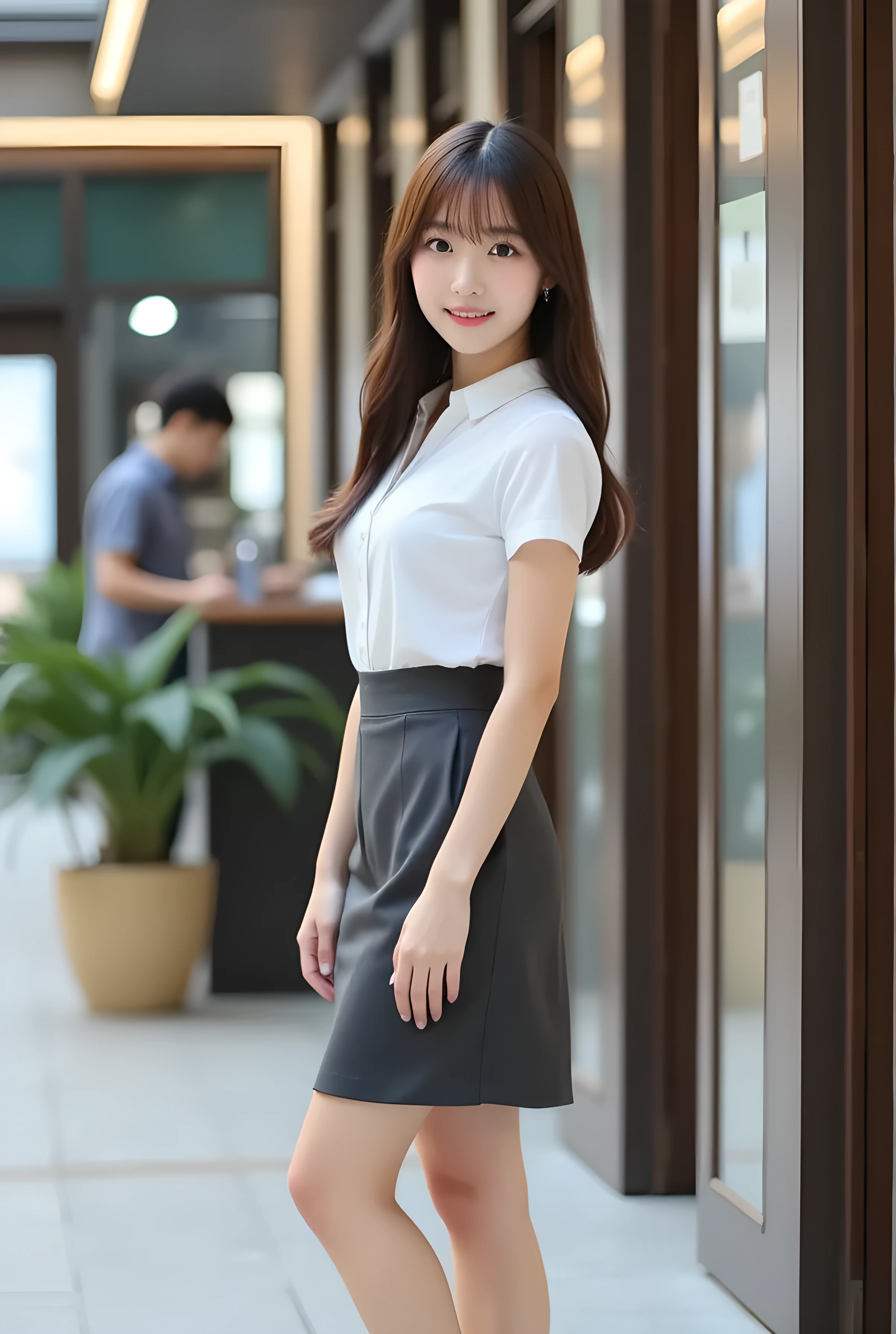 Woman wearing office casual、suits、tight skirts、In the street、fullllbody、top-quality、ultra-detailliert、超A high resolution、(Photorealsitic:1.8)、Saika 1、Erotic face、looking at the viewers、a smile、natural soft light、huge tit