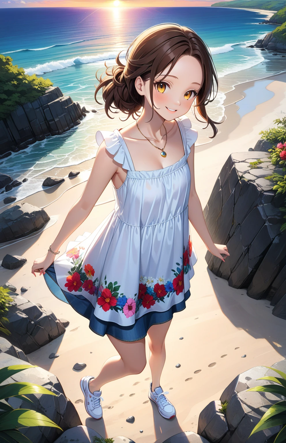 anegasaki nene、Shiny brown hair, short hair, (Beautiful brown eyes、Sparkling eyes, Fine grain)、smile、Ultra-detailed eyes、Highly detailed face, Highly detailed eyes,Cowboy Shot、
masterpiece, Highest quality, High resolution, One girl, Woman enjoying a walk on the beach. Age 35. 海にreflectionする太陽の光. Volumetric Light. reflection, refraction.