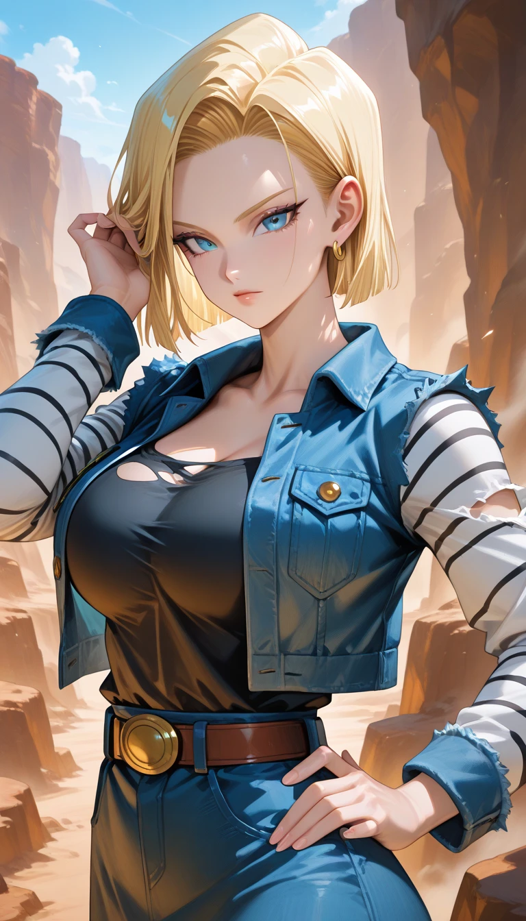 score_9, score_8_up, score_8, medium breasts, (curvy), eyelashes,
BREAK,
Android 18 has blonde hair, blue eyes, and long eyelashes. She is wearing hoop earrings and has short hair. Her outfit consists of a black shirt with a breast pocket and some cleavage showing, a high-waisted denim skirt, and black legwear. She also has on a belt, jewelry, and a striped waistcoat, with the shirt tucked into the skirt and the sleeves also being striped.
zPDXL,