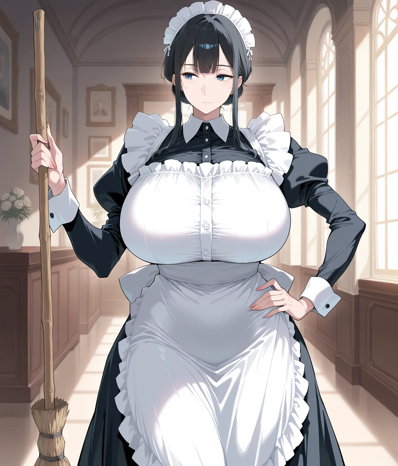 very long hair, thicc, very big breast, maid dress, pregnant