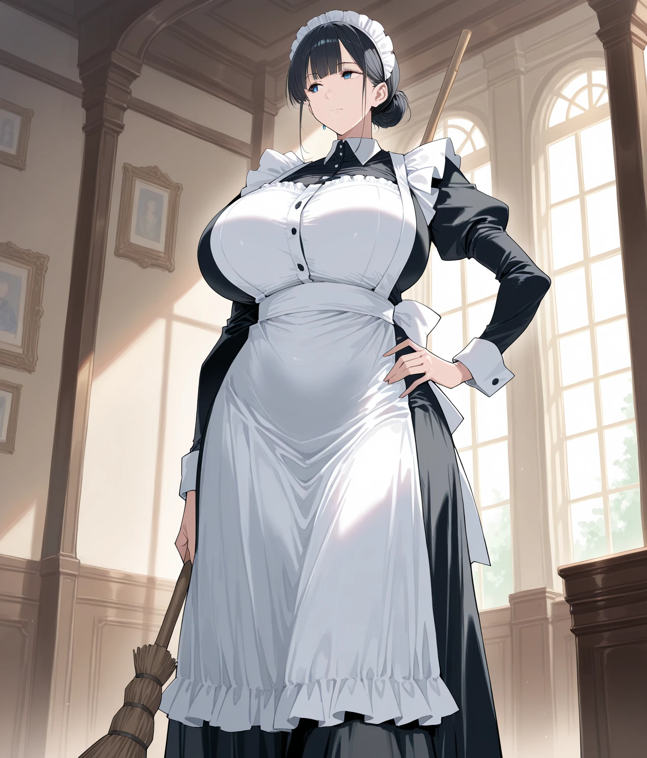 Night time,(Masterpiece), Best Quality, ultra-detailed, 1girl (eri, Slender and sexy body, huge breasts, wide hips, brown hair, brown eyes, half-closed eyes, spectacles), smile, parted lips, solo, maid (black), frill, apron, maid headdress, in the livingroom, standing