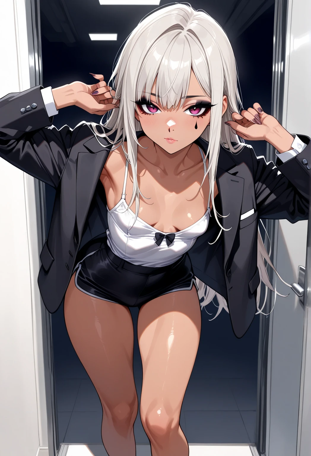 (Highest quality, High resolution, Very detailed), 1 female, Silver Hair, Long Hair, Reddish brown eyes, office staff suit skirt, lace thong, secretary, 24th generation, Beautiful woman, mature, quiet, Calm, Large Breasts, A small smile, office,