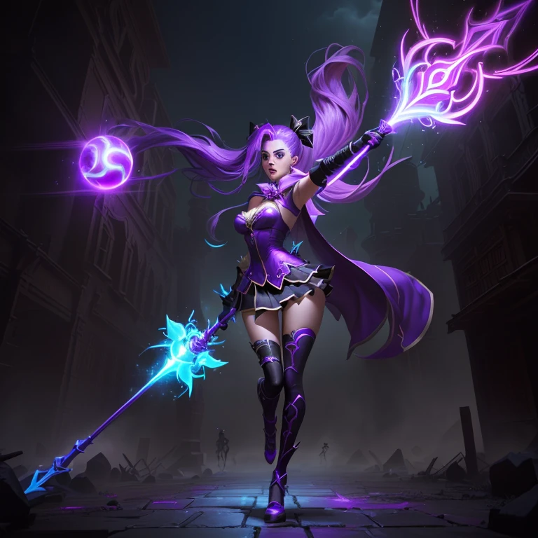 Mujer preciosa dark magician girl ( neon cyberpunk ), The neon sings, neon lighting, RTX chica maga oscura iluminando volando en el aire. Encima de la ciudad a media noches. Luna llena. Cielos de estrellas. Mago oscuro volando