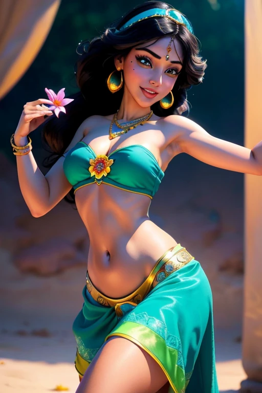 jasmine 1 girl, alone,mini skirt、 chest, smile, open your mouth, mini skirt、panties、belly button, holding, bare shoulders, jewelry, flower, mini skirt、earrings,超mini skirtpanties、 abdomen, necklace, off shoulder, bracelet, see-through shirt, mini skirt、白いpanties、white flower, gem, off shoulderシャツ, holding flower, Multiple hair ties, See-through Arabian clothing (realistic:1.2), (realism), (masterpiece:1.2), (highest quality), (super detailed), (8K, 4k, Complex),(full body shot:1), (85mm),particles of light, lit, (very detailed:1.2),(detailed face:1.2), (Gradation), colorful,(fine eyes:1.2)(detailed background),detailed landscape, (dynamic angle:1.2), (dynamic pose:1.2), (third law_composition:1.3), (Action range:1.2)