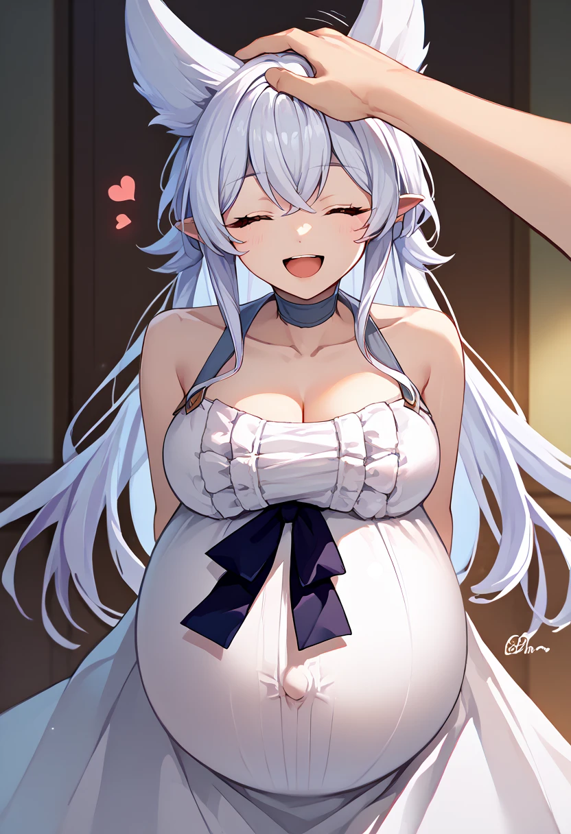 ((beste-Qualit, tmasterpiece)), 1girl, bangs, blue eyes,dress, grey hair, hair intakes, hair ornament, halo, long hair, mouth, sleeveless, solo, very long hair, white background, white dress, wing hair ornamen,boobs