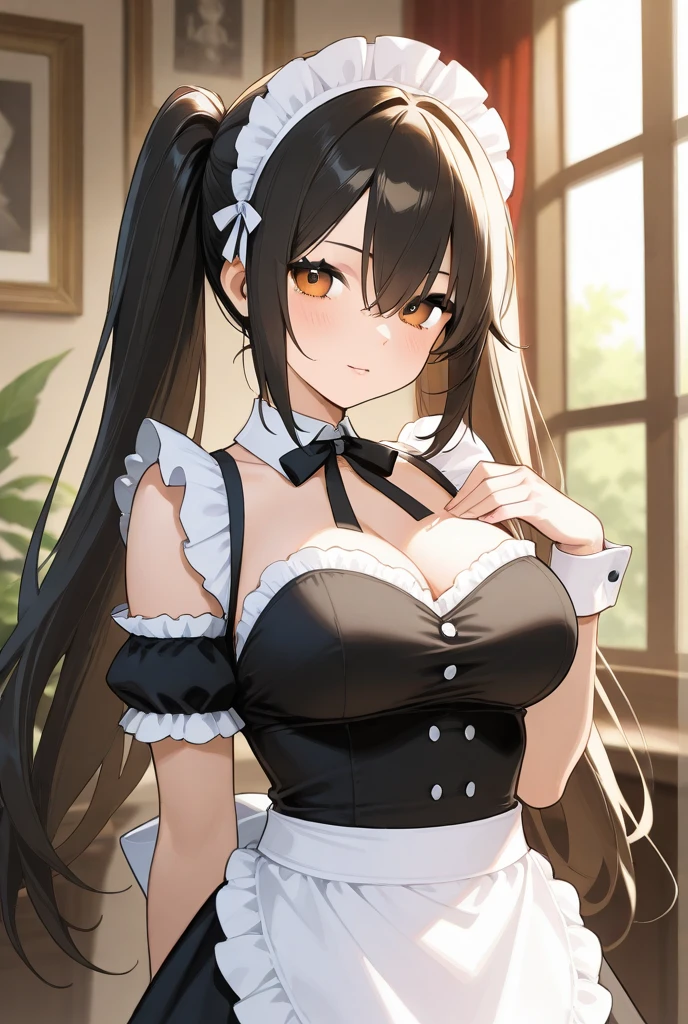 (Original Character、Unity 16K Wallpaper, Masterpiece, Best Quality, Ultra-Detailed, Extremely Detailed CG, Caustics, Cinematic Lighting, Detailed, Beautiful Detailed Eyes, solo,sexy girl), Ultra High Resolution, fine skin, (maid, maid apron, maid headdress,black maid skirt), (strong light)、oily skin,curby:1.2,Huge gigantic breasts:1.2,sity,smile,beautiful hair、12 yers old,dark green